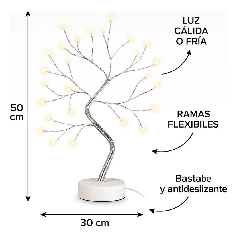 Lampara De Mesa Luz Led Fria Y Calida Arbol Bonsai 50cm Blanco