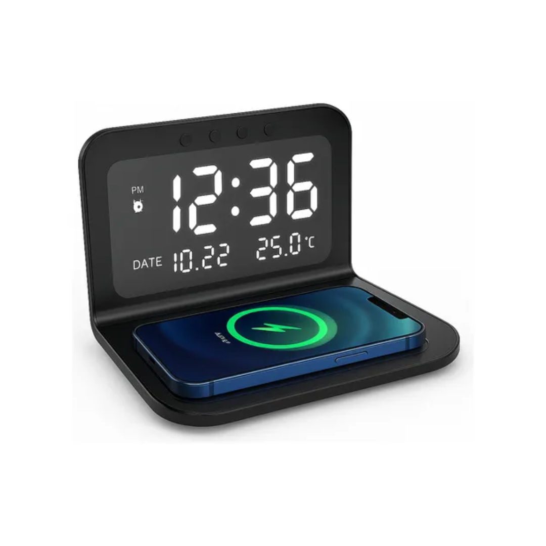 Reloj Digital Cargador Inalambrico De Celular Alarma Calenda Negro