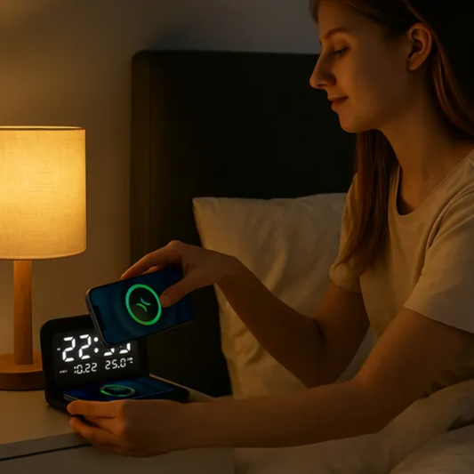 Reloj Digital Cargador Inalambrico De Celular Alarma Calenda Negro