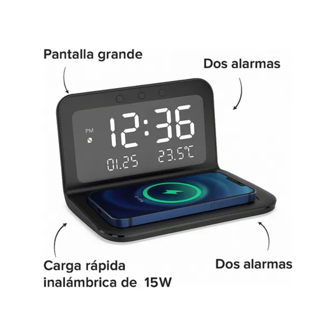 Reloj Digital Cargador Inalambrico De Celular Alarma Calenda Negro