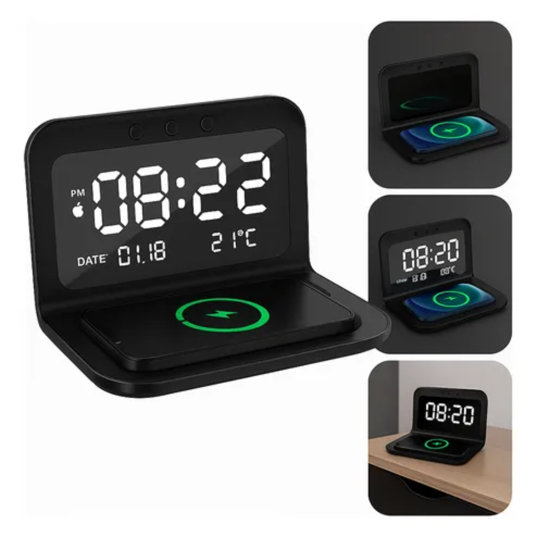 Reloj Digital Cargador Inalambrico De Celular Alarma Calenda Negro