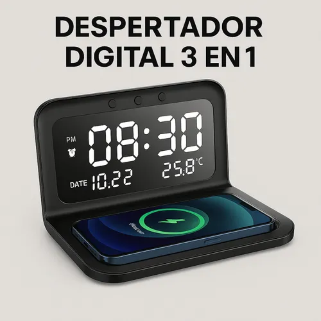 Reloj Digital Cargador Inalambrico De Celular Alarma Calenda Negro