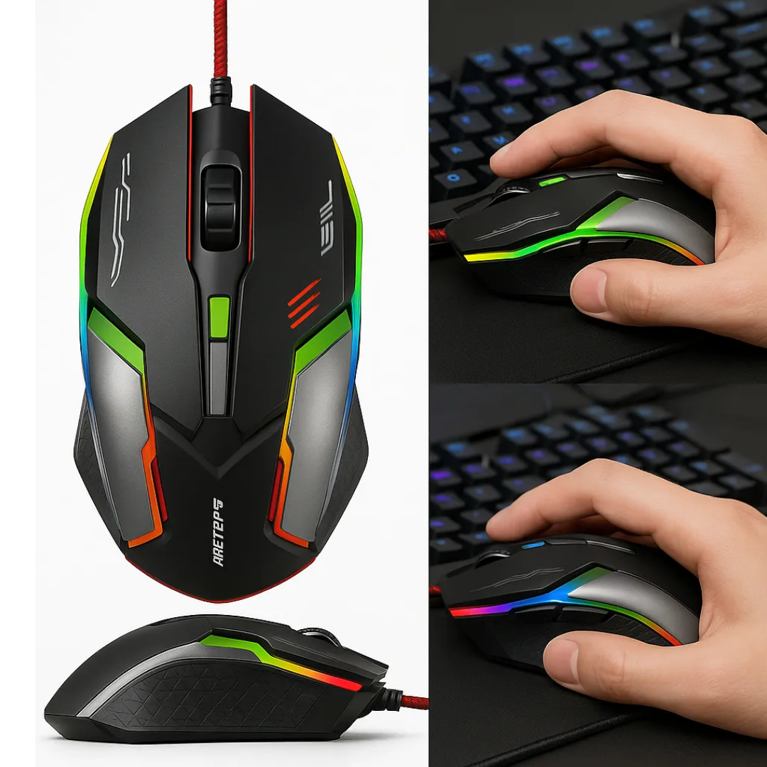Mouse Gamer USB 3200 DPI con Luz RGB Ergonómico