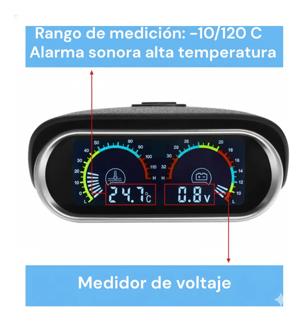 Reloj Temperatura De Motor Y Voltaje 2en1 Con Alarma Sonora